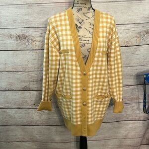 Joie Gingham Checked Cardigan Sweater Boyfriend Pockets Gold Buttons Size Medium